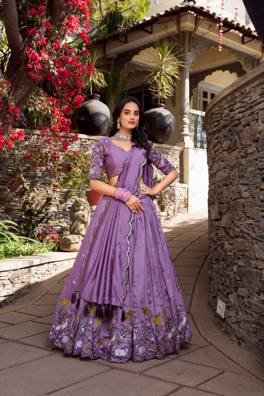 Wedding Wear Lavander Color Vichitra Simmer Sequins And Thread Embroidery Work Lehenga Choli