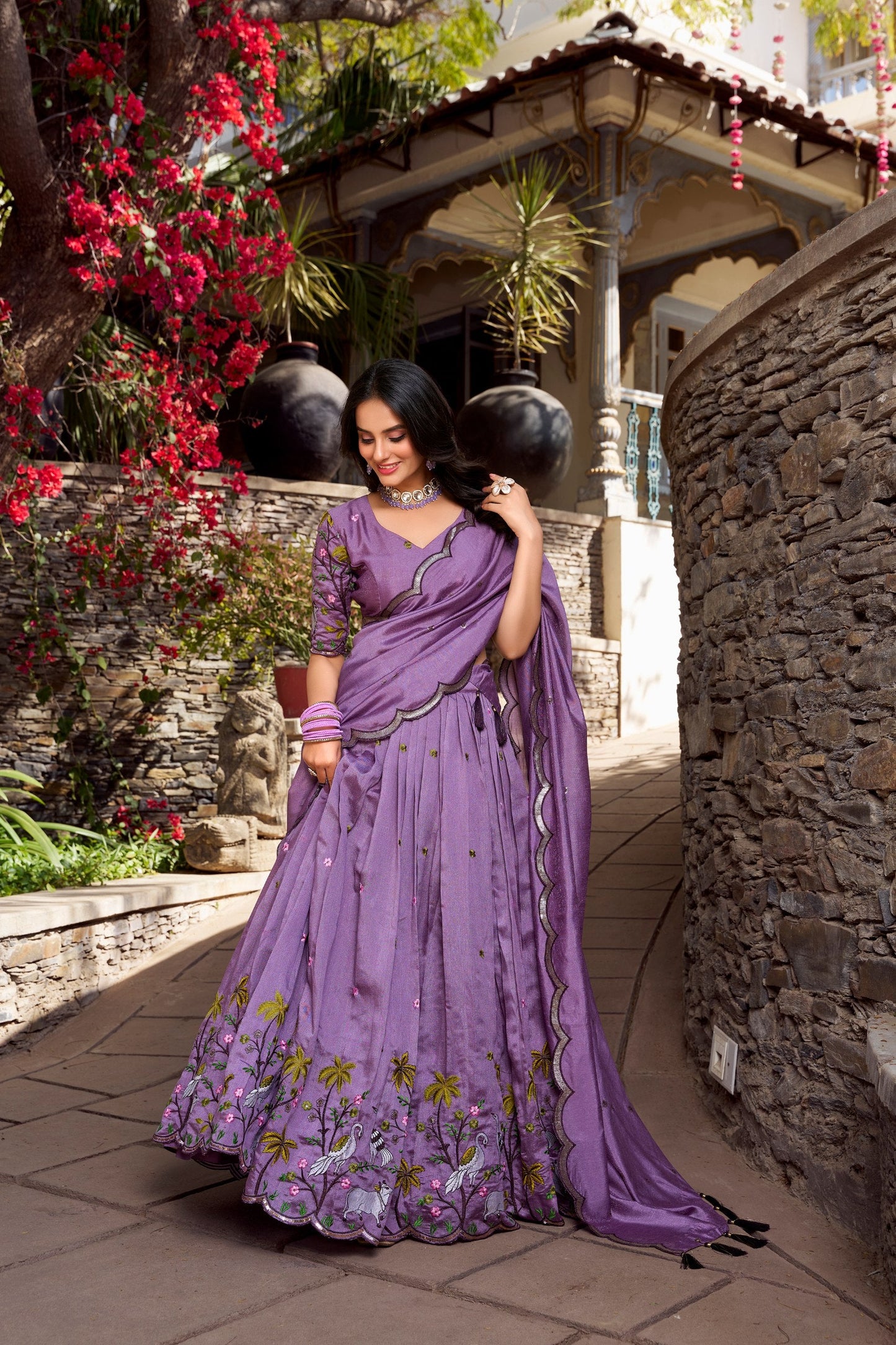 Wedding Wear Lavander Color Vichitra Simmer Sequins And Thread Embroidery Work Lehenga Choli