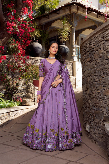 Wedding Wear Lavander Color Vichitra Simmer Sequins And Thread Embroidery Work Lehenga Choli