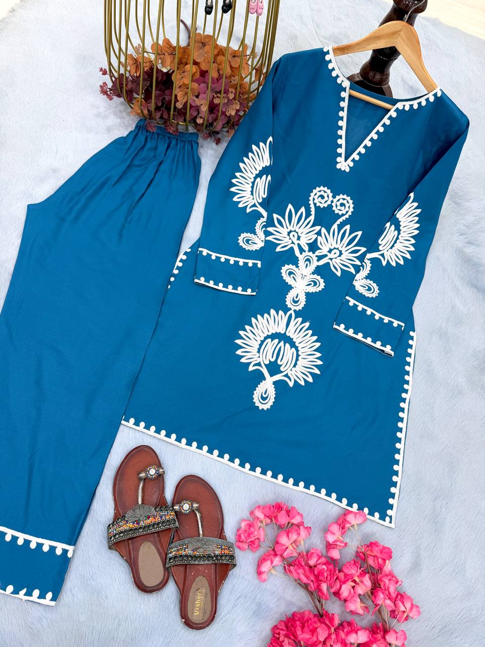 Good Looking Blue Color Pure Rayon Thread Work Salwar Suit