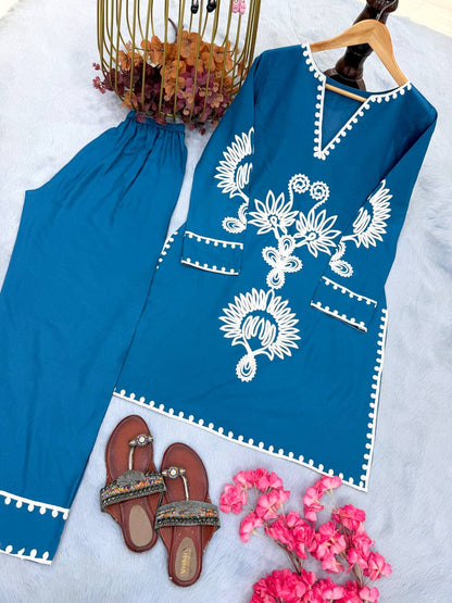 Good Looking Blue Color Pure Rayon Thread Work Salwar Suit