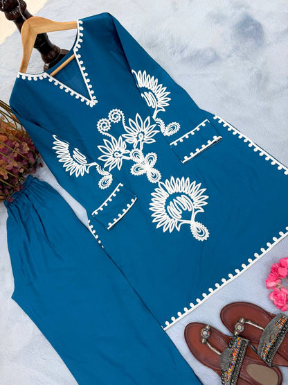 Good Looking Blue Color Pure Rayon Thread Work Salwar Suit