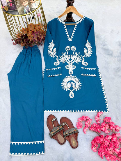 Good Looking Blue Color Pure Rayon Thread Work Salwar Suit
