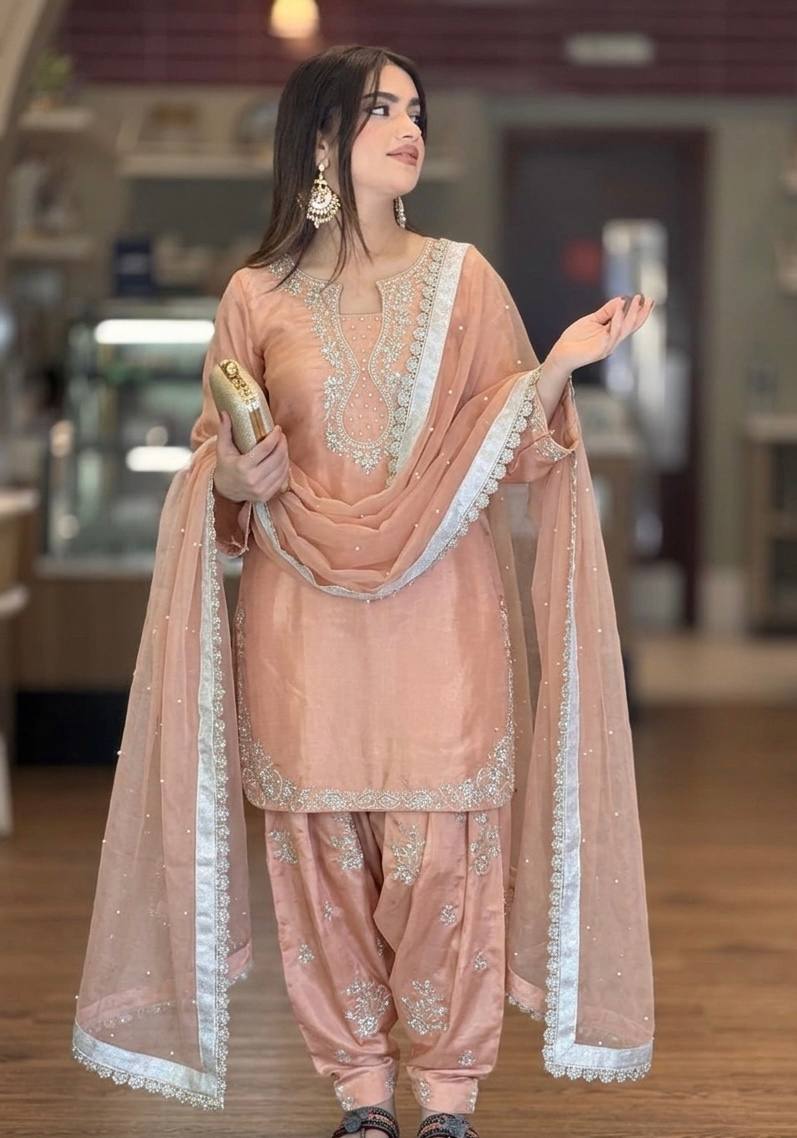 Graceful Cream Color Sequence Moti Work Farshi Suit With Dupatta