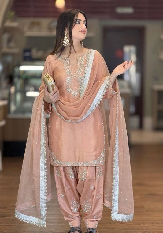 Graceful Cream Color Sequence Moti Work Farshi Suit With Dupatta
