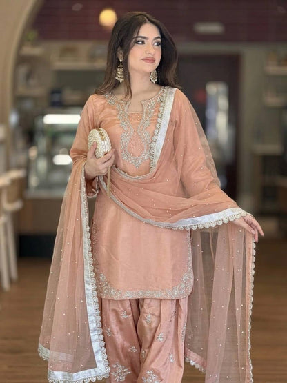 Graceful Cream Color Sequence Moti Work Farshi Suit With Dupatta