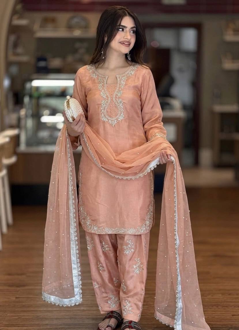 Graceful Cream Color Sequence Moti Work Farshi Suit With Dupatta