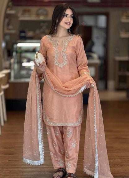Graceful Cream Color Sequence Moti Work Farshi Suit With Dupatta