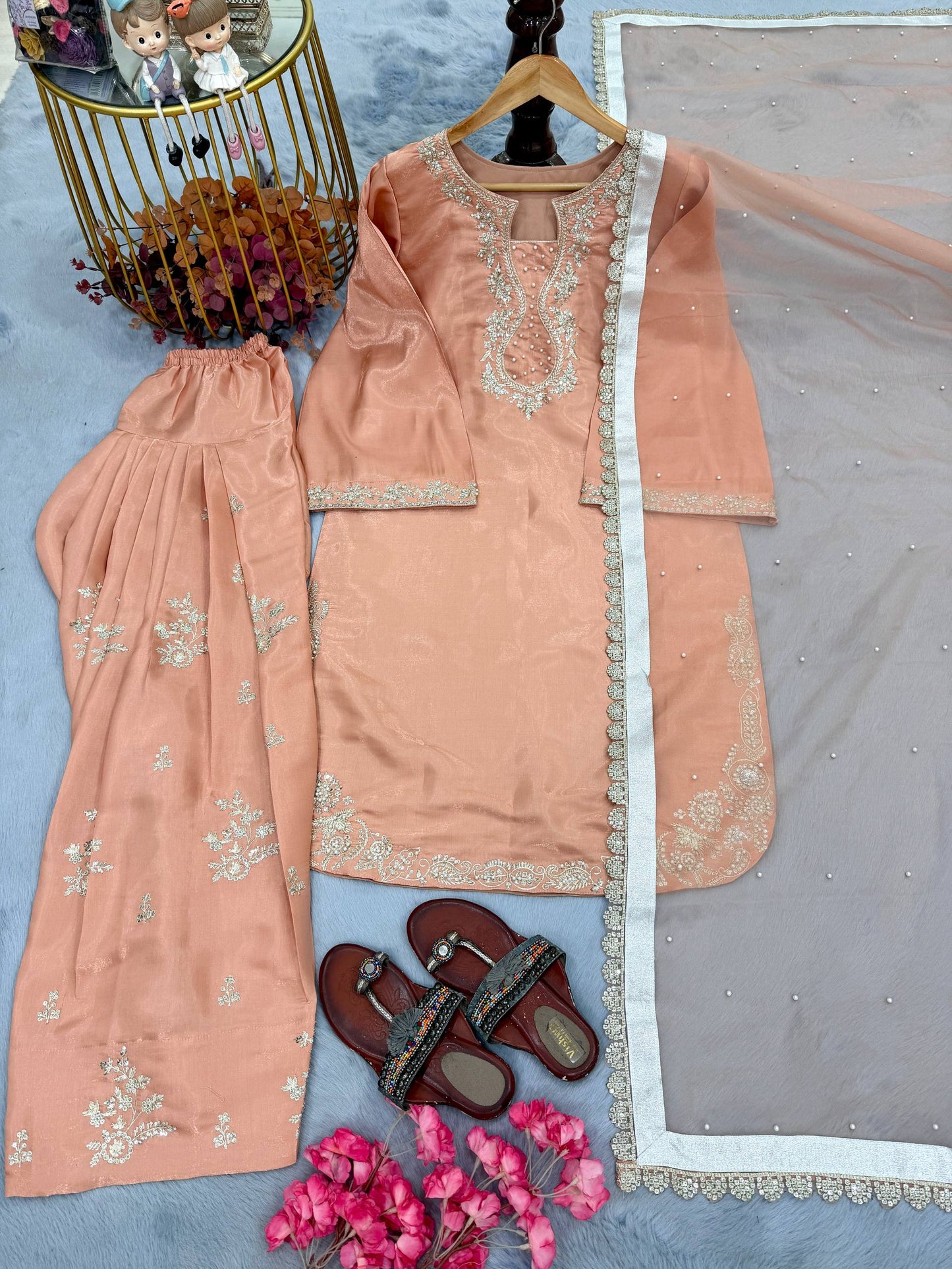 Graceful Cream Color Sequence Moti Work Farshi Suit With Dupatta