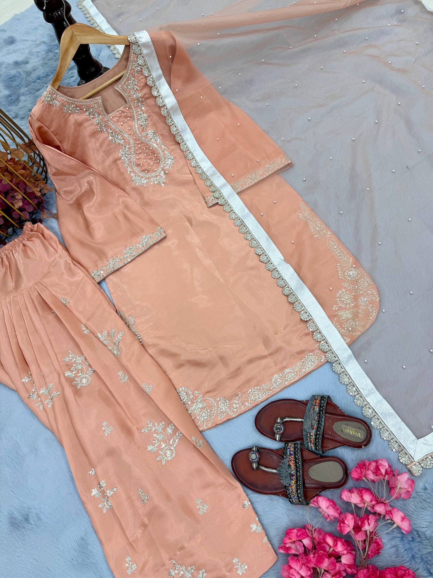 Graceful Cream Color Sequence Moti Work Farshi Suit With Dupatta