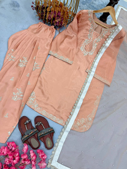 Graceful Cream Color Sequence Moti Work Farshi Suit With Dupatta