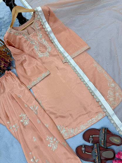 Graceful Cream Color Sequence Moti Work Farshi Suit With Dupatta
