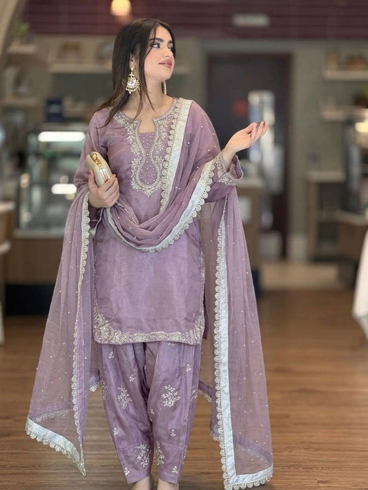 Elegant Purple Color Sequence Moti Work Farshi Palazzo Suit