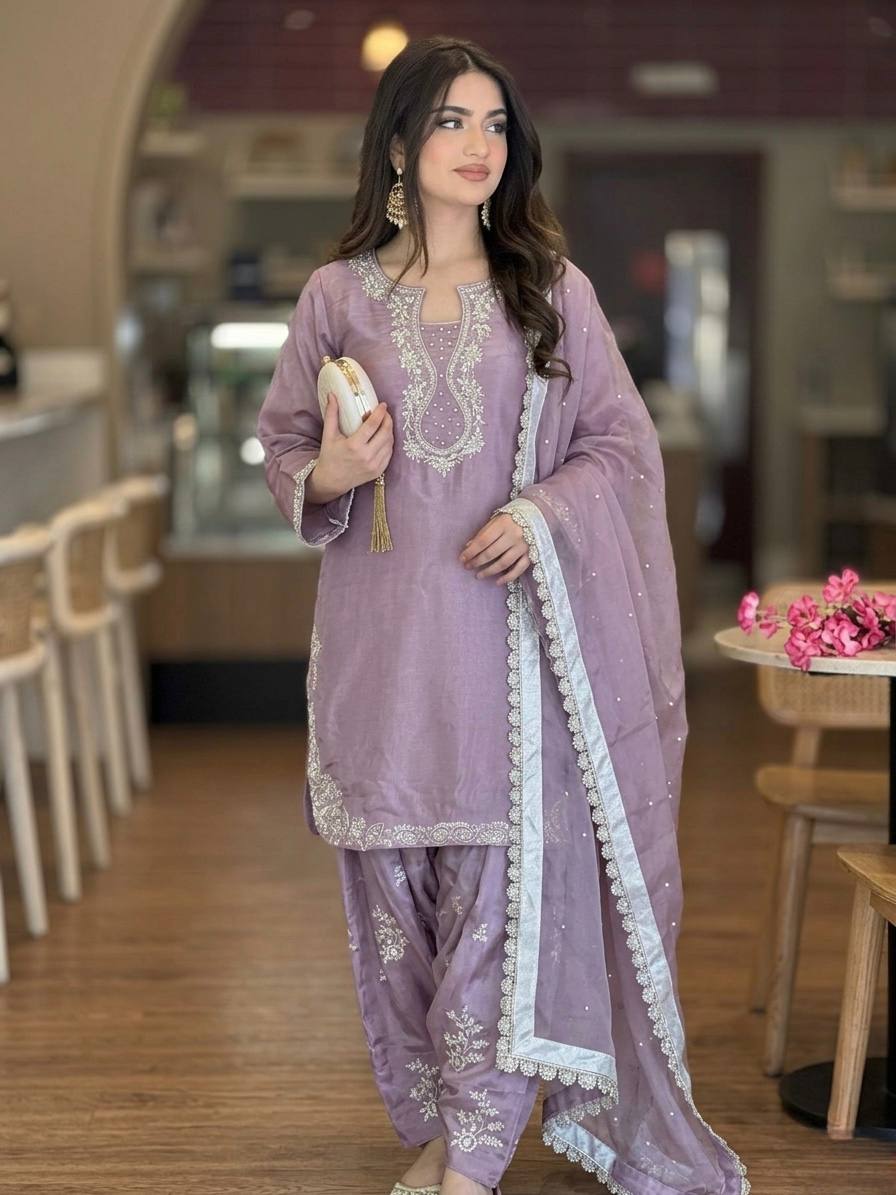 Elegant Purple Color Sequence Moti Work Farshi Palazzo Suit