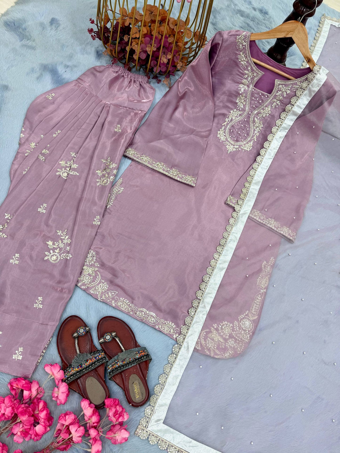 Elegant Purple Color Sequence Moti Work Farshi Palazzo Suit