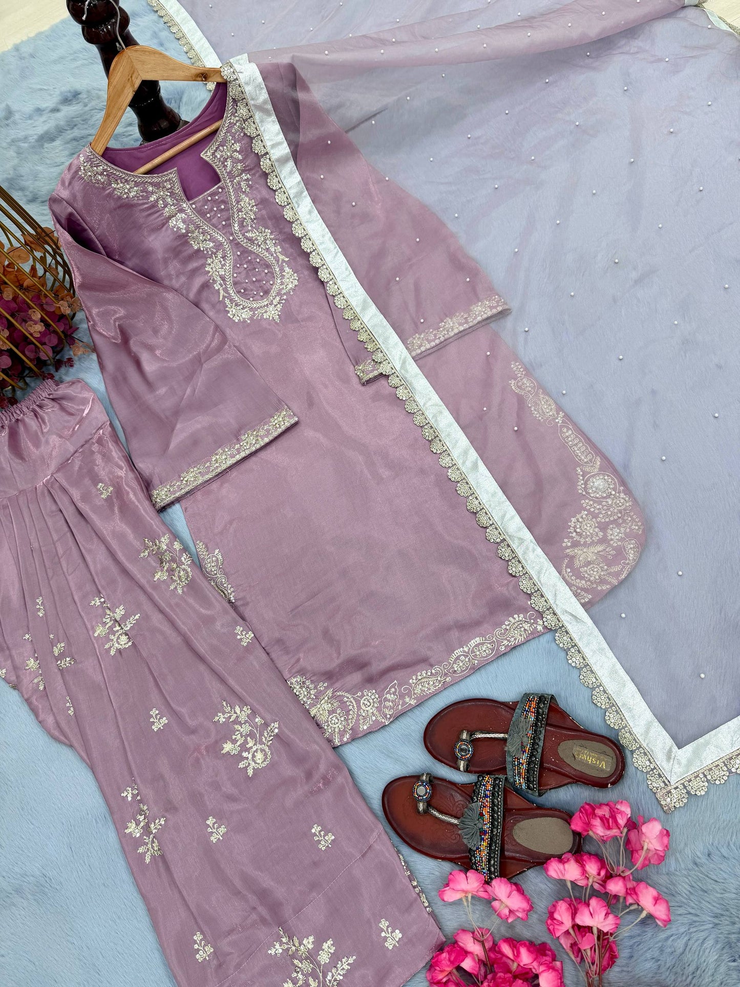 Elegant Purple Color Sequence Moti Work Farshi Palazzo Suit