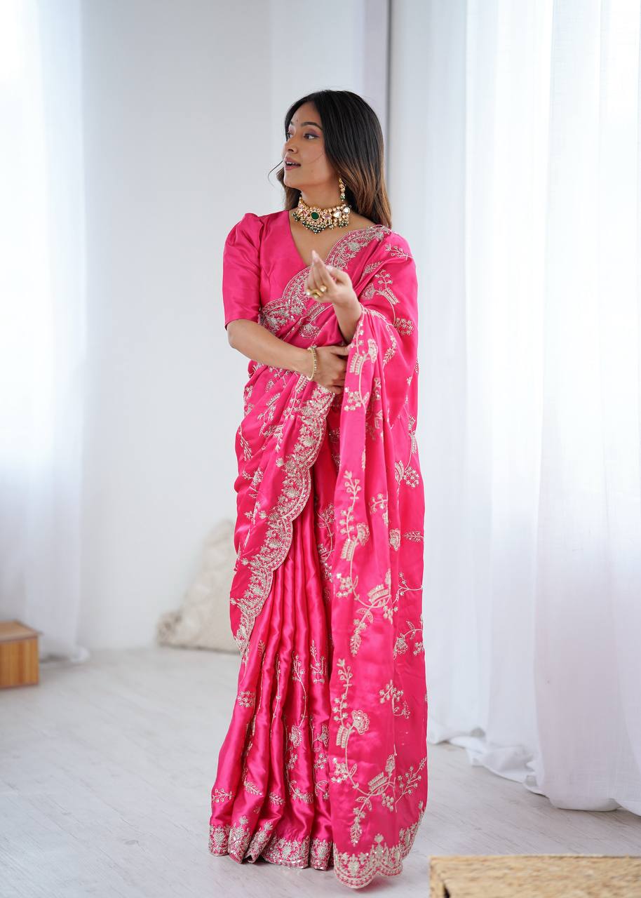 Arti Chauhan Wear Pink Color Sequence With Embroidered Work Saree