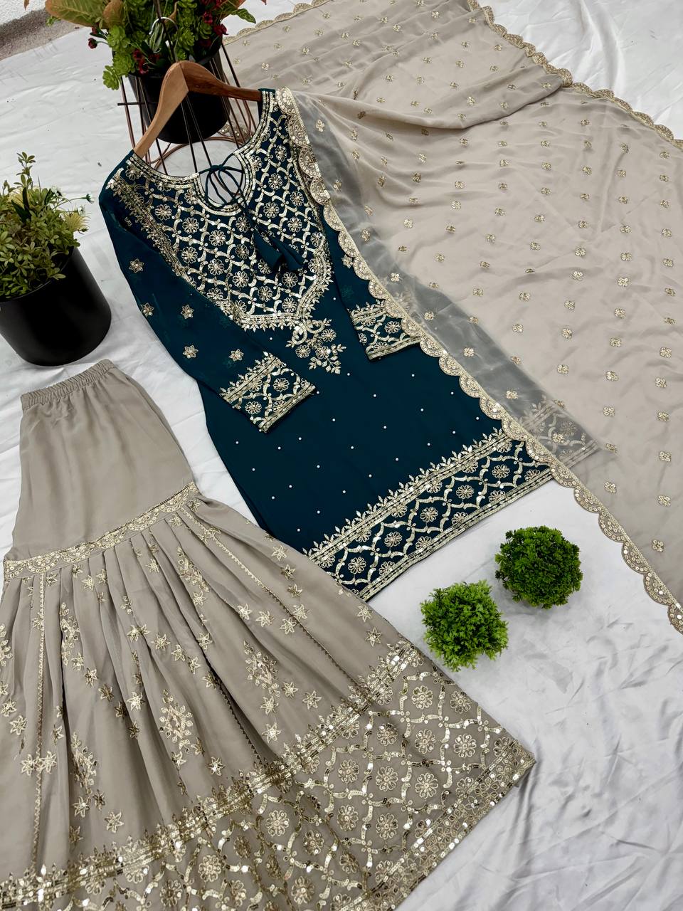 Wedding Wear Teal Blue Color Heavy Faux Georgette With 5mm Embroidery Sequence Work Sharara Suit