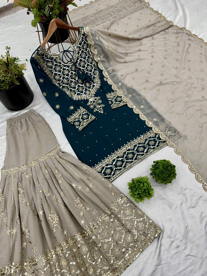 Wedding Wear Teal Blue Color Heavy Faux Georgette With 5mm Embroidery Sequence Work Sharara Suit