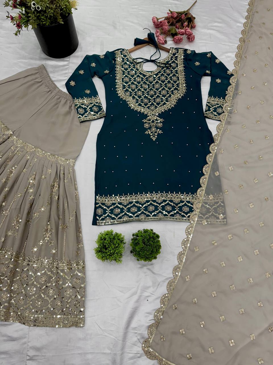Wedding Wear Teal Blue Color Heavy Faux Georgette With 5mm Embroidery Sequence Work Sharara Suit