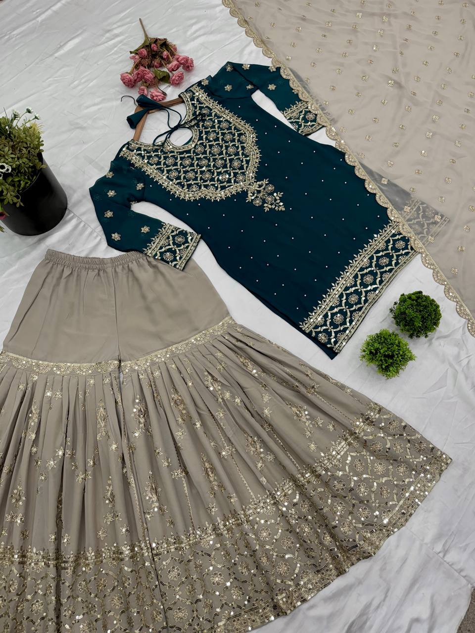 Wedding Wear Teal Blue Color Heavy Faux Georgette With 5mm Embroidery Sequence Work Sharara Suit