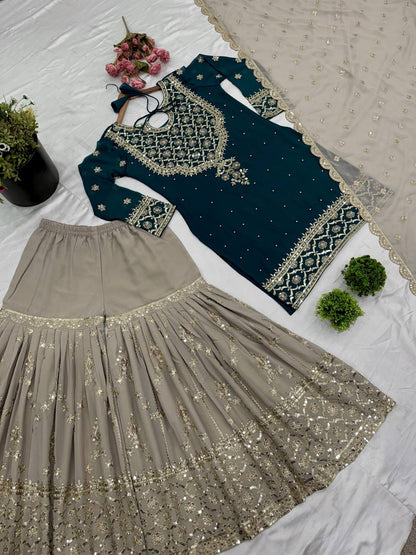 Wedding Wear Teal Blue Color Heavy Faux Georgette With 5mm Embroidery Sequence Work Sharara Suit