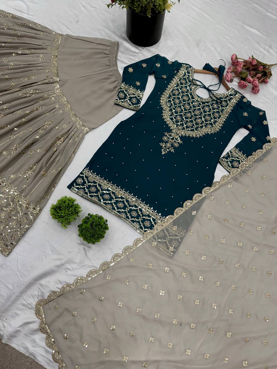 Wedding Wear Teal Blue Color Heavy Faux Georgette With 5mm Embroidery Sequence Work Sharara Suit