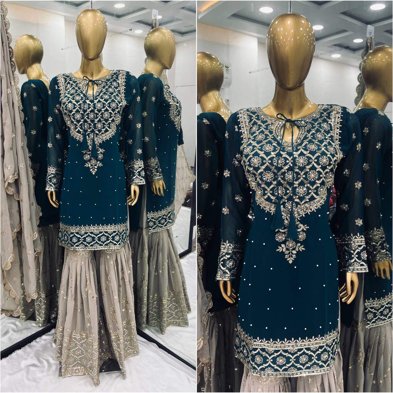Wedding Wear Teal Blue Color Heavy Faux Georgette With 5mm Embroidery Sequence Work Sharara Suit