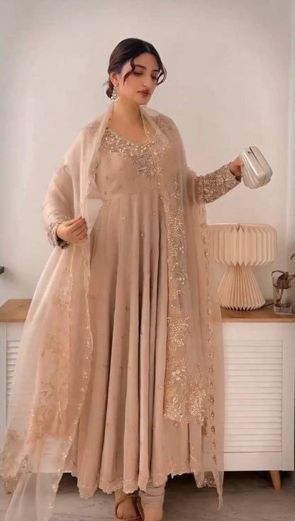 Outstanding Cream Color Heavy Georgette With Embroidery Sequence Work Anarkali Gown