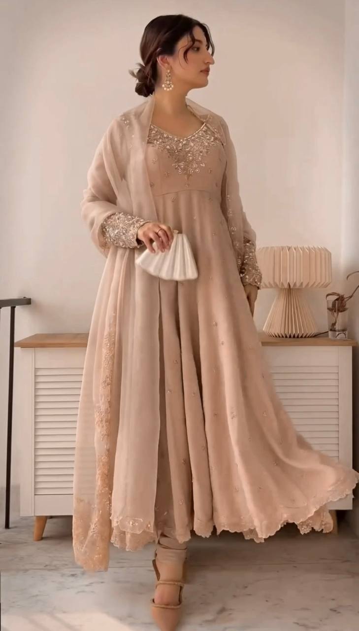 Outstanding Cream Color Heavy Georgette With Embroidery Sequence Work Anarkali Gown