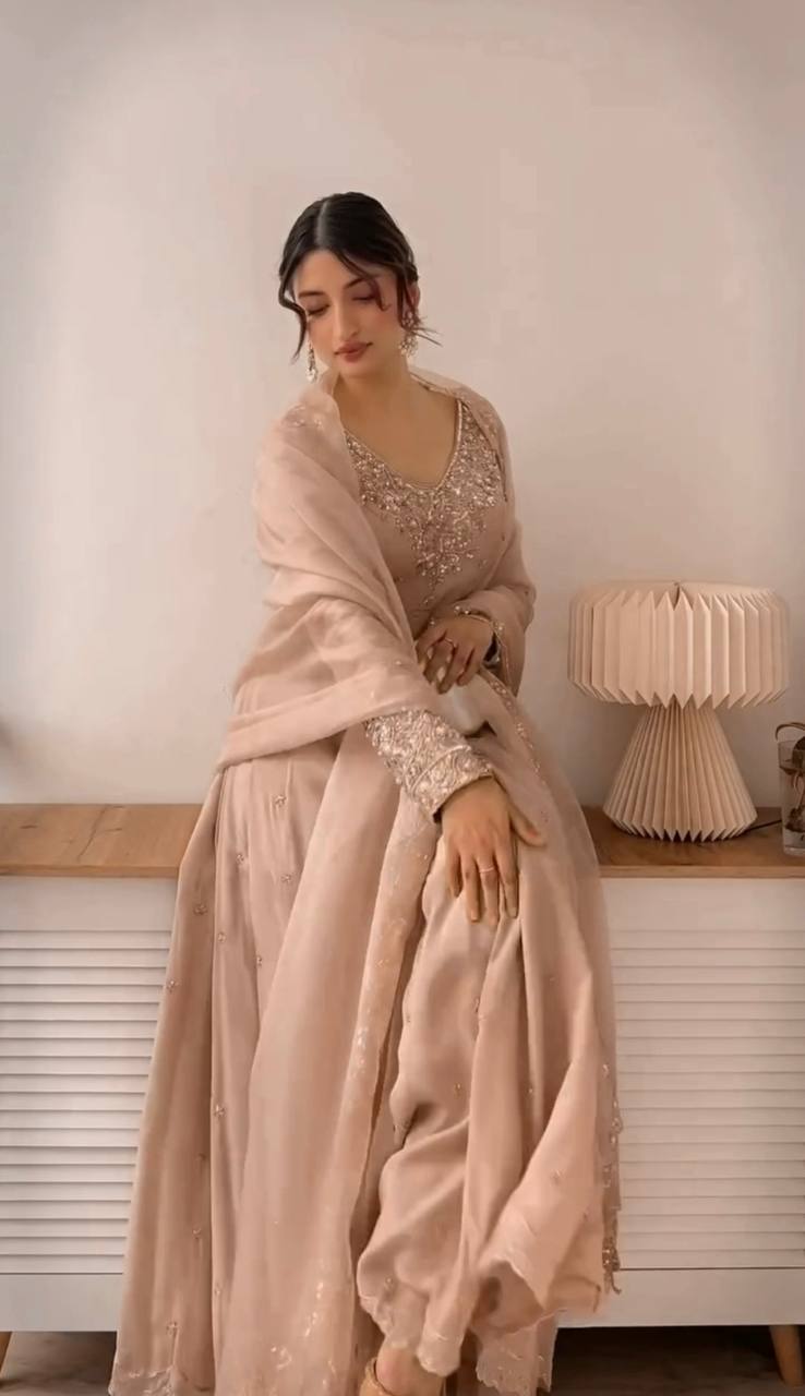 Outstanding Cream Color Heavy Georgette With Embroidery Sequence Work Anarkali Gown