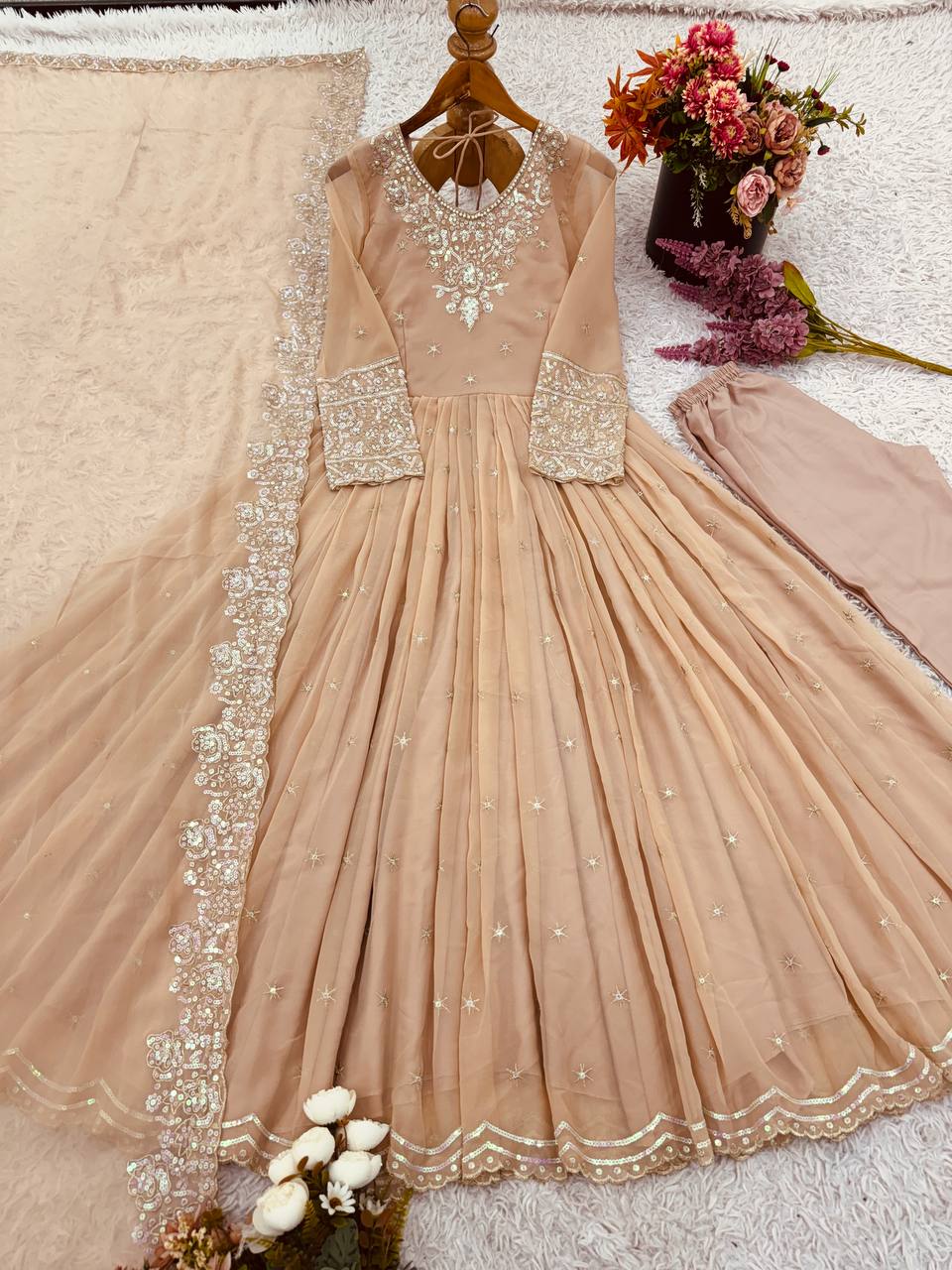 Outstanding Cream Color Heavy Georgette With Embroidery Sequence Work Anarkali Gown