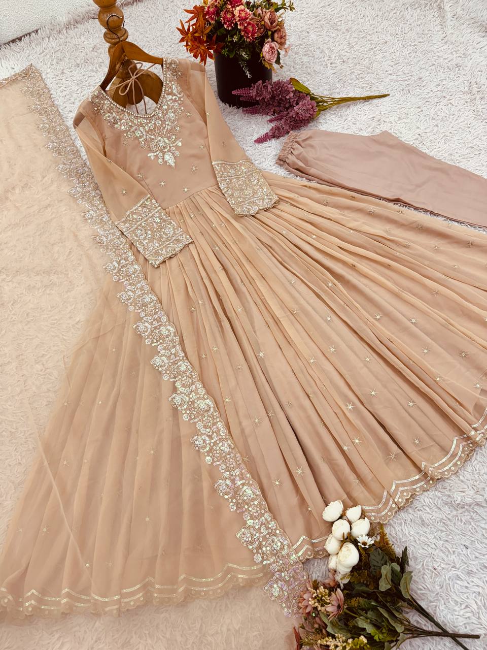 Outstanding Cream Color Heavy Georgette With Embroidery Sequence Work Anarkali Gown
