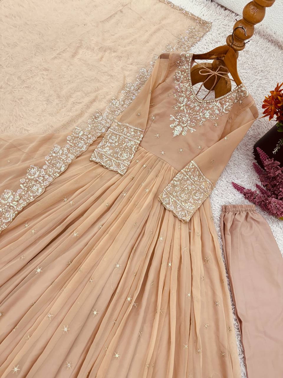 Outstanding Cream Color Heavy Georgette With Embroidery Sequence Work Anarkali Gown