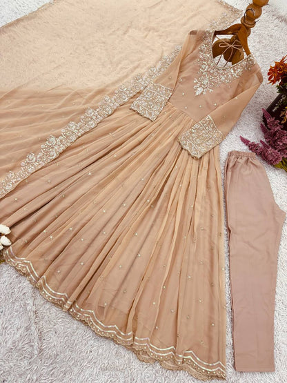 Outstanding Cream Color Heavy Georgette With Embroidery Sequence Work Anarkali Gown