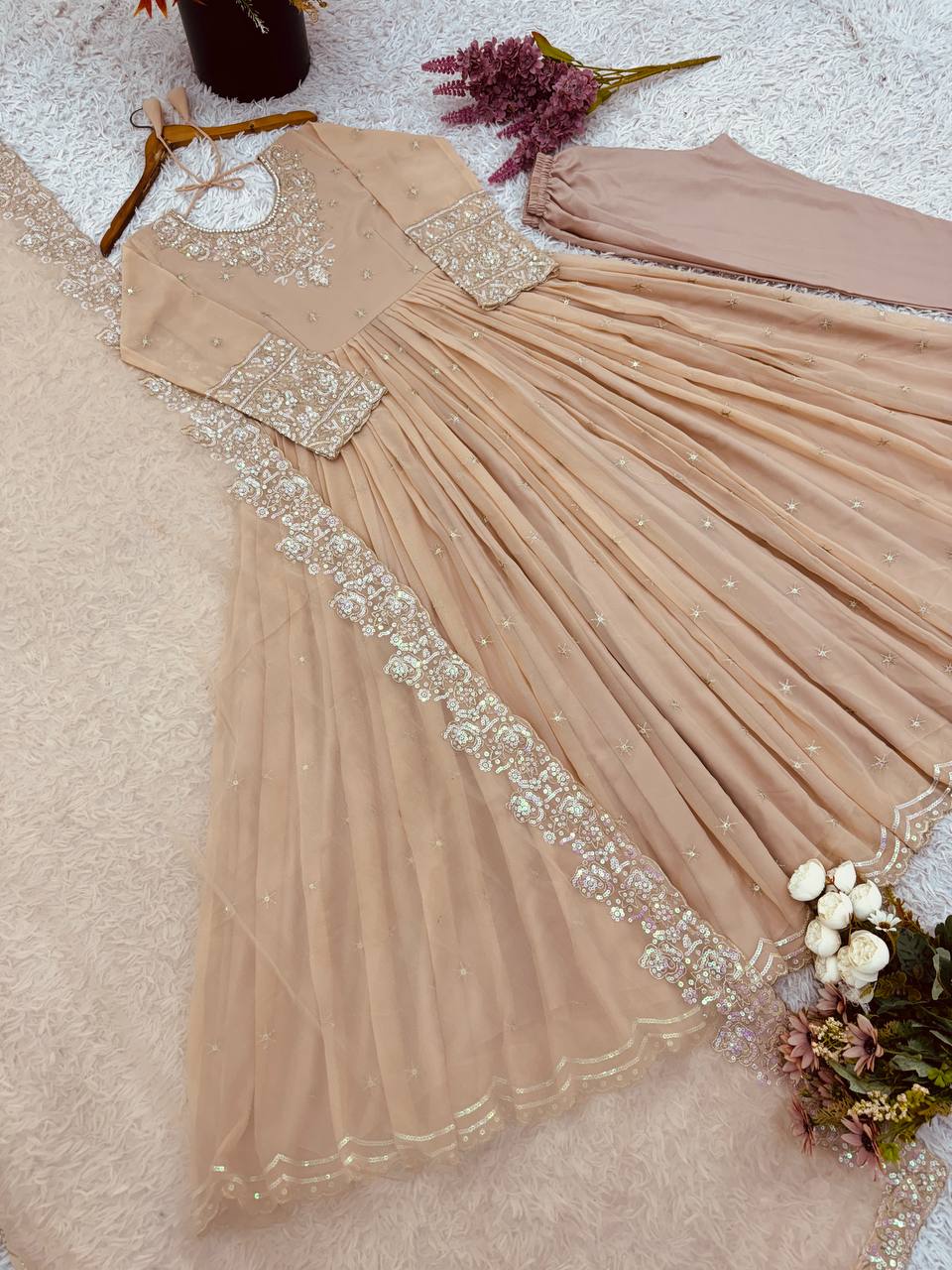 Outstanding Cream Color Heavy Georgette With Embroidery Sequence Work Anarkali Gown