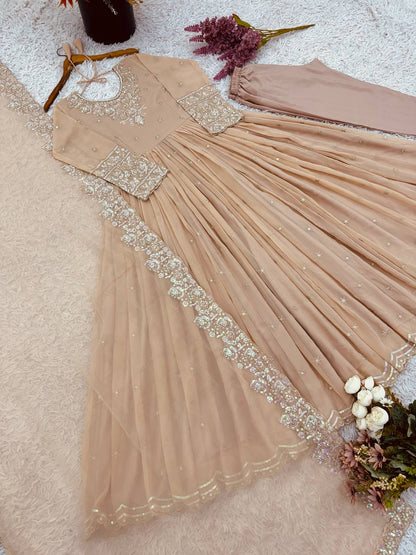 Outstanding Cream Color Heavy Georgette With Embroidery Sequence Work Anarkali Gown