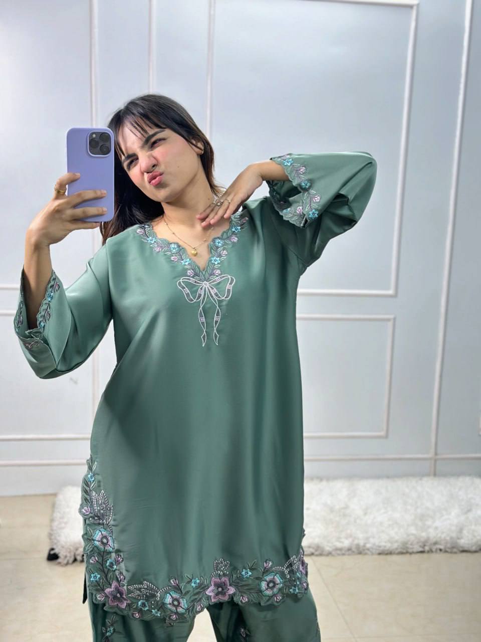 Pretty Green Color Thread With Sequence Work Farshi Suit