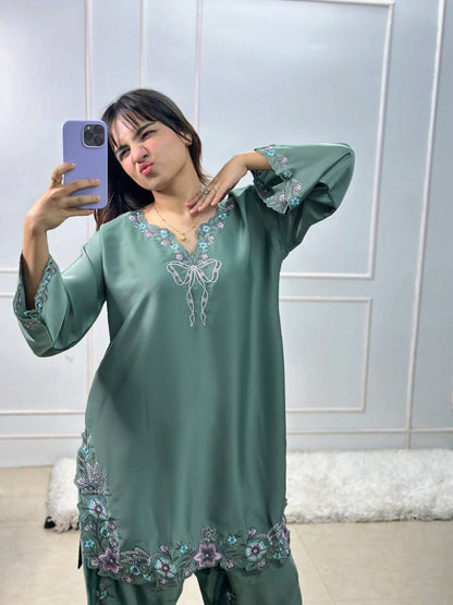 Pretty Green Color Thread With Sequence Work Farshi Suit