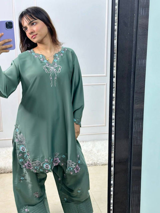 Pretty Green Color Thread With Sequence Work Farshi Suit