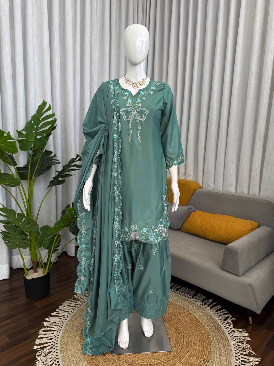 Pretty Green Color Thread With Sequence Work Farshi Suit