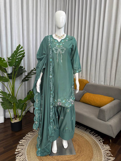 Pretty Green Color Thread With Sequence Work Farshi Suit