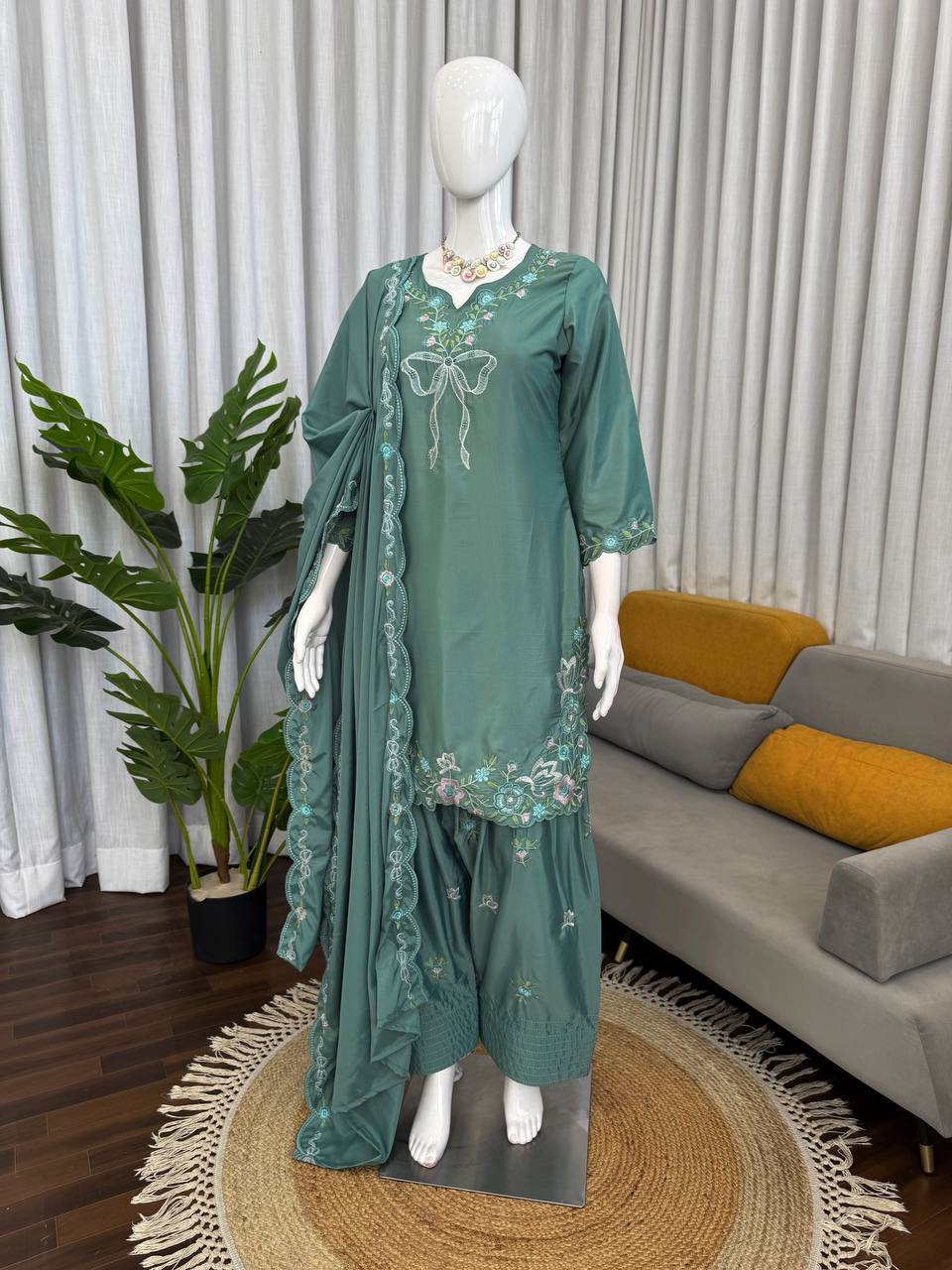 Pretty Green Color Thread With Sequence Work Farshi Suit