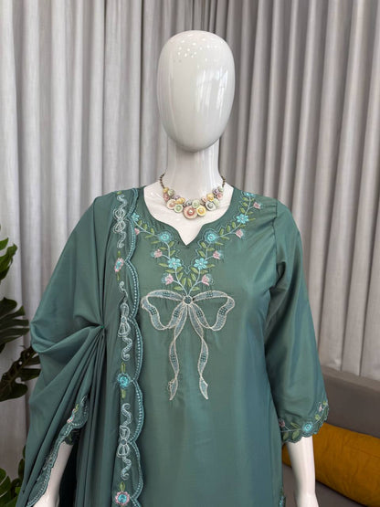Pretty Green Color Thread With Sequence Work Farshi Suit