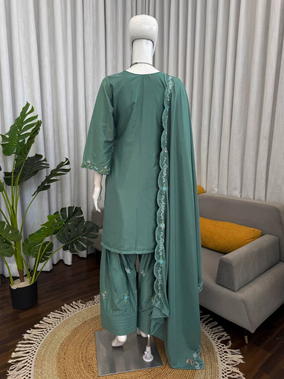 Pretty Green Color Thread With Sequence Work Farshi Suit
