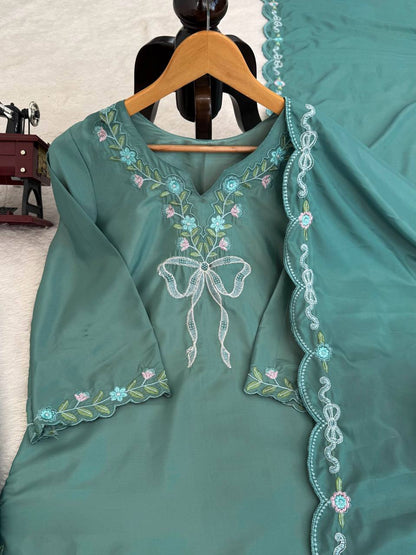 Pretty Green Color Thread With Sequence Work Farshi Suit