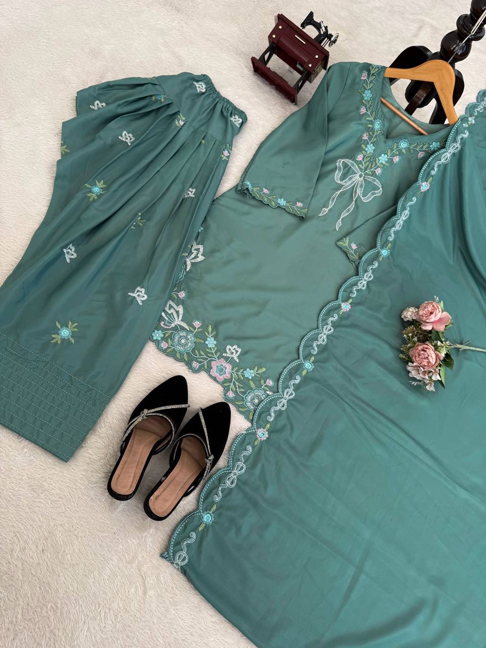 Pretty Green Color Thread With Sequence Work Farshi Suit