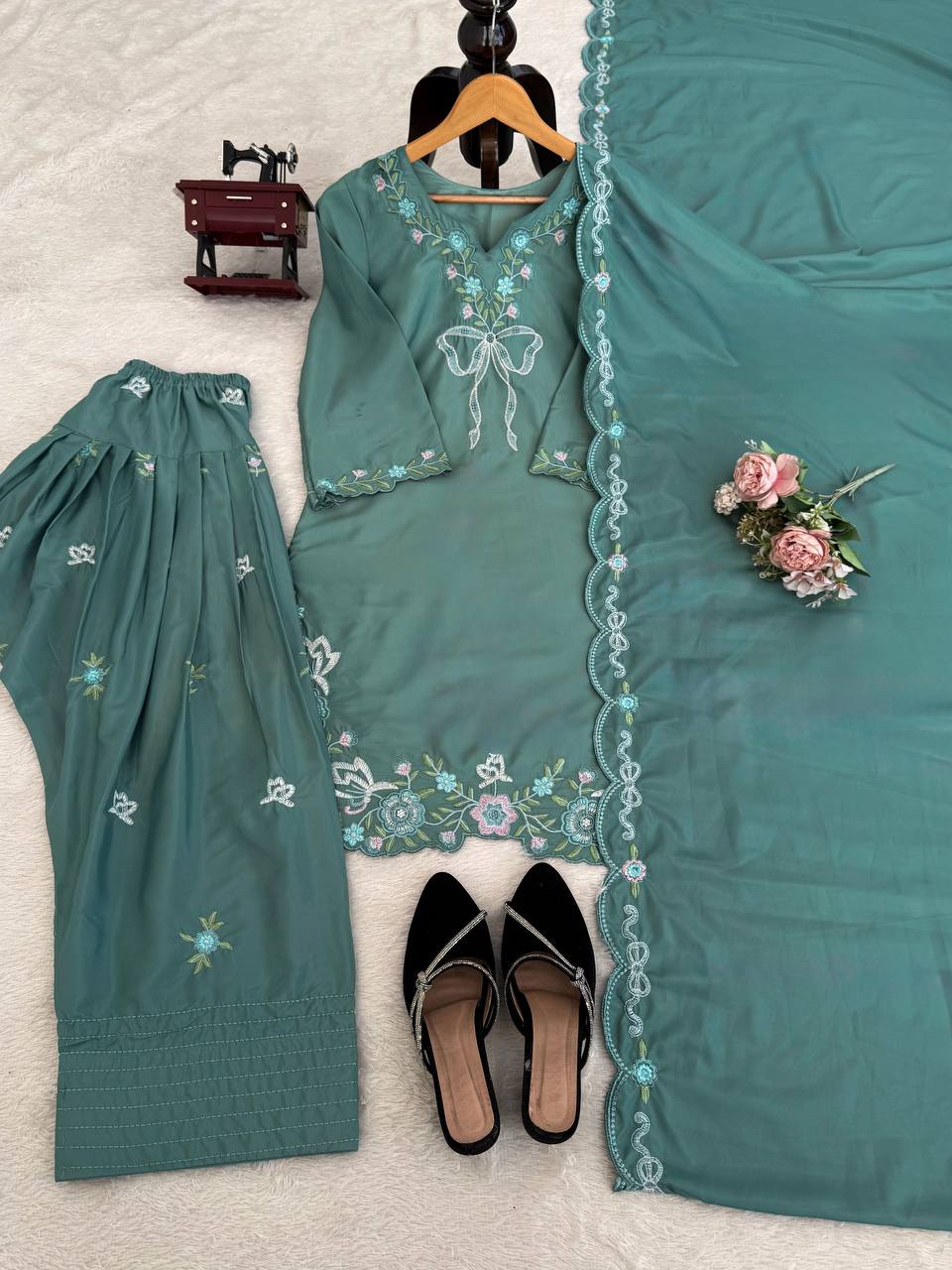 Pretty Green Color Thread With Sequence Work Farshi Suit
