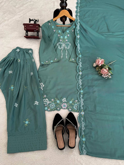 Pretty Green Color Thread With Sequence Work Farshi Suit