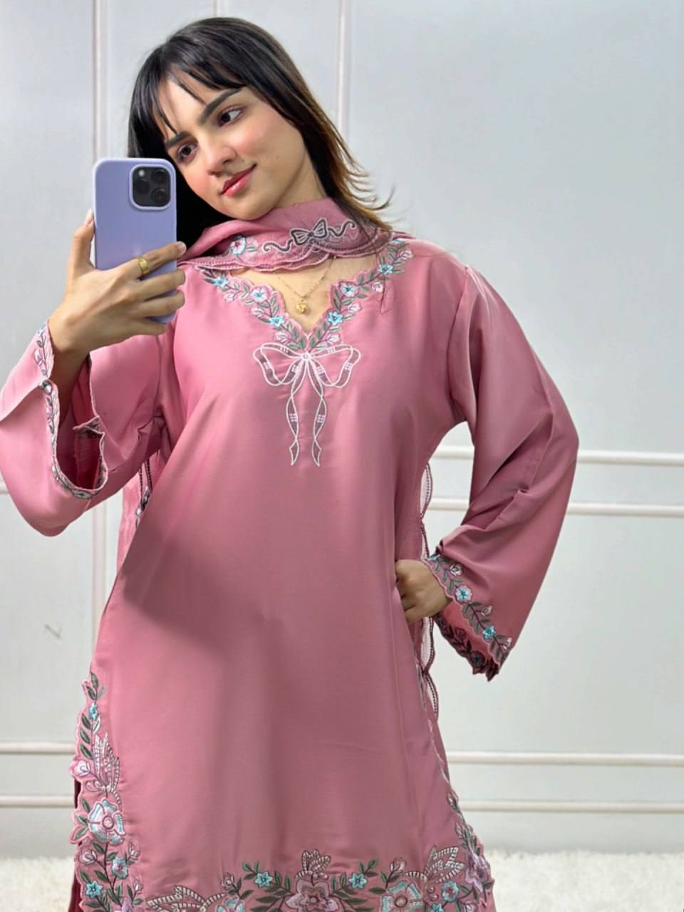 Innovative Pink Color Thread With Sequence Work Farshi Suit